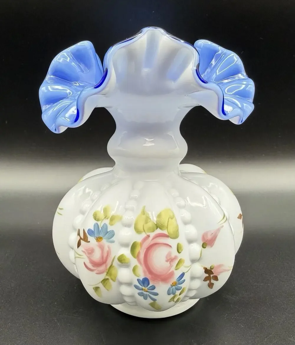 Fenton Blue Charleton Garden Hand Painted Beaded Melon Vase 5.5” Signed 2006